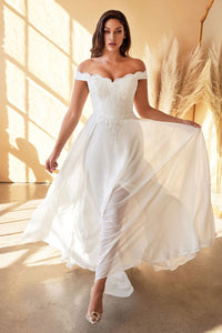 Off the shoulder capped sleeve delicate lace applique wedding gown