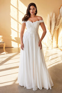 Off the shoulder capped sleeve delicate lace applique wedding gown
