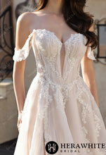 Load image into Gallery viewer, Hera White Bridal HW3825 - Romantic Off-the-Shoulder Sheer Lace Glitter Tulle Bridal Gown with Thigh Slit
