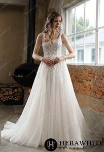 HW3003 HERAWHITE Square Neckline Wedding Dress with Delicate Leafy Lace
