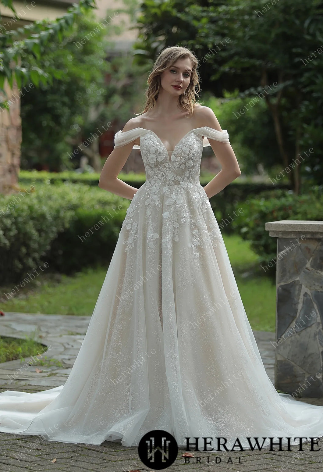 HERAWHITE - HW3036 - Elegant Floral 3D Lace Wedding Dress With Off-Shoulder Straps