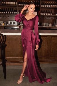 7478 LADIVINE LUXURIOUS LONG SLEEVE SATIN FORMAL GOWN