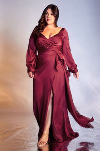 7478 LADIVINE LUXURIOUS LONG SLEEVE SATIN FORMAL GOWN