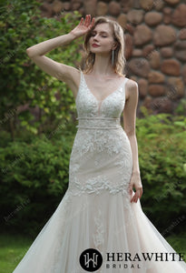 HW3037 HERAWHITE Plunging Sweetheart Beaded Mermaid Gown With Double Band