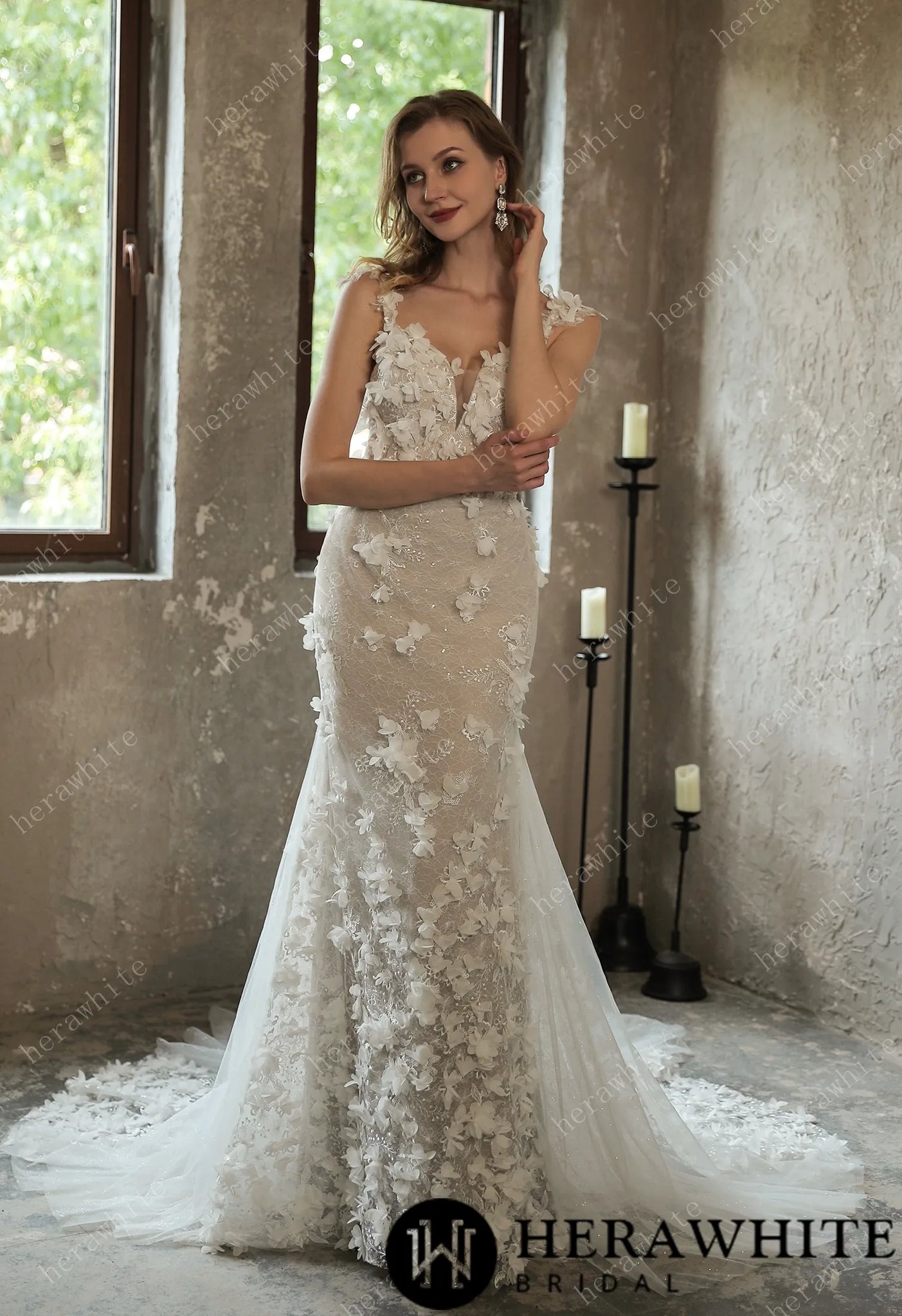 HW3055 HERAWHITE Stunning 3D Petal Lace Wedding Dress And Sparkle Tulle Off White / Misty Champagne (as pictured) / 2 HW3055 HERAWHITE Stunning 3D Petal Lace Wedding Dress And Sparkle Tulle Off White / Misty Champagne (as pictured) / 2