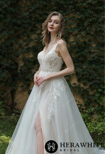 HERAWHITE - HW3034 - Beaded Sequins Lace And Sexy Split Wedding Dress