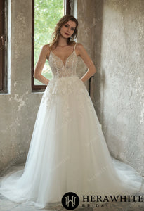 HERAWHITE - HW3035 - Sparkly Sequined Floral Tulle Ball Gown With V-neck