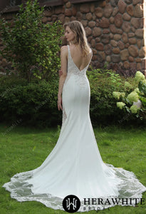 HW3041 HERAWHITE Beaded Fit And Flare Dress With V Neckline And Crepe Skirt