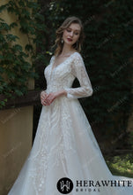 Load image into Gallery viewer, HW3040 HERAWHITE Long Sleeve Lace A-Line Gown With Plunging V-Neck
