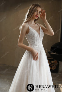 HW3029 HERAWHITE Beaded A-Line Wedding Dress with Spaghetti Straps