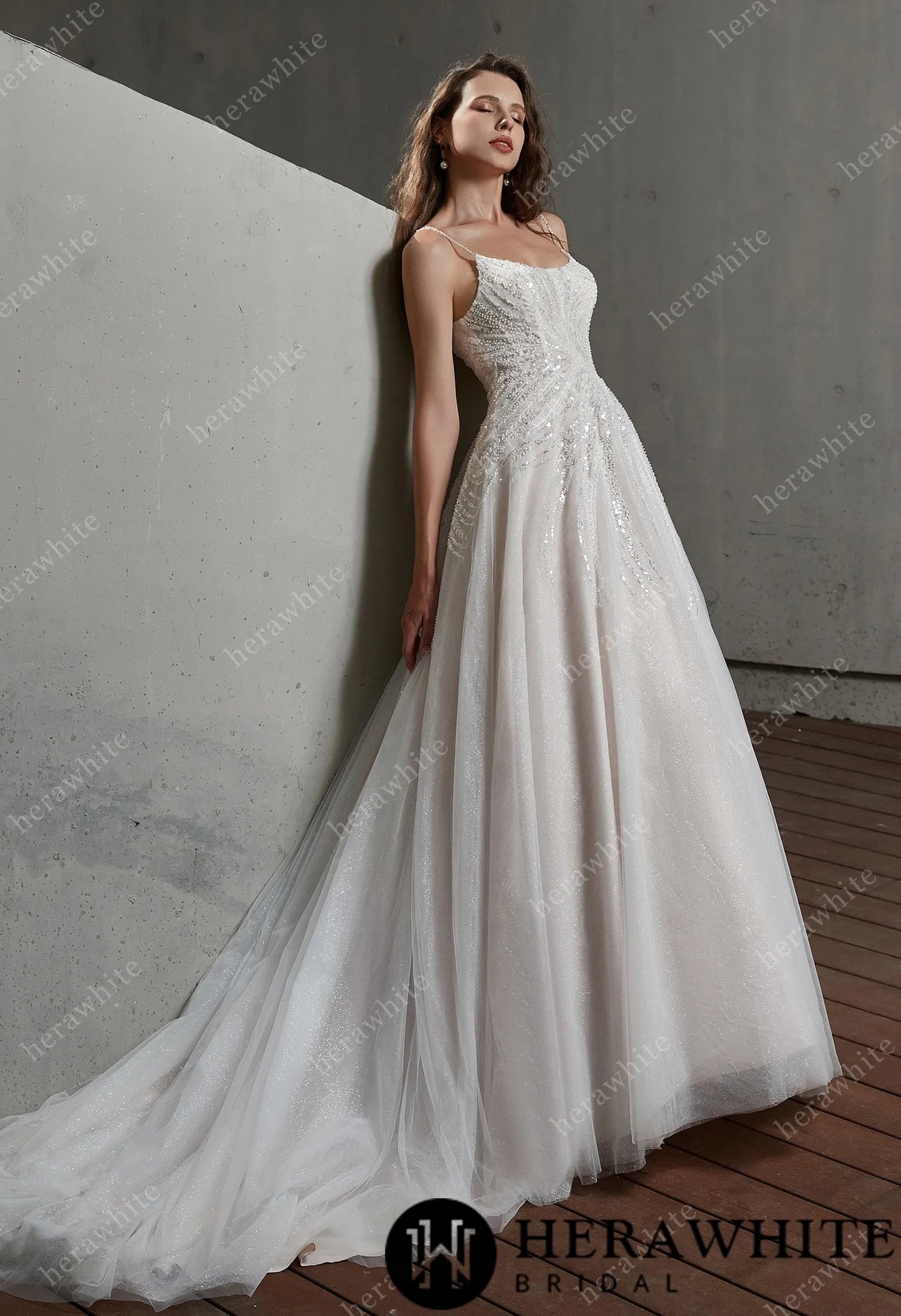 Hera White Bridal HW3306 - Sparkle Scoop Neckline Wedding Gown with Spaghetti Straps Ivory / 22 Hera White Bridal HW3306 - Sparkle Scoop Neckline Wedding Gown with Spaghetti Straps Ivory / 22