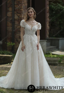 HW3048 HERAWHITE Sparkly A-Line Wedding Dress With Beaded Spaghetti Straps
