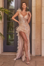 Load image into Gallery viewer, 9312 EMBELLISHED FITTED GOWN WITH FEATHER DETAILS
