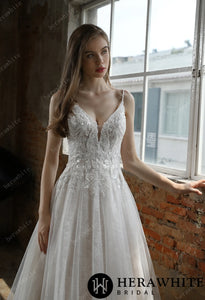 HERAWHITE - HW3029 - Beaded A-Line Wedding Dress with Spaghetti Straps
