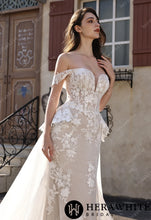 Load image into Gallery viewer, Hera White Bridal HW3801-O - Couture Off-the-Shoulder Floral Lace Mermaid Gown With Detachable Overskirt
