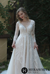 HERAWHITE - HW3040 - Long Sleeve Lace A-Line Gown With Plunging V-Neck