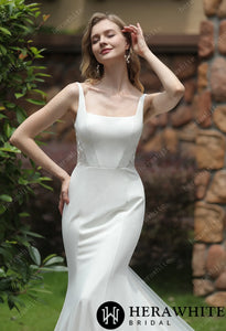 HW3073 HERAWHITE Square Neck Crepe Fit And Flare Wedding Dress With Tulle Bishop Sleeves