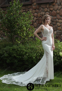 HW3041 HERAWHITE Beaded Fit And Flare Dress With V Neckline And Crepe Skirt
