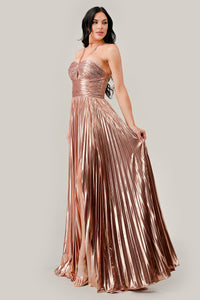 C153 HALTER PLEATED METALLIC A-LINE GOWN