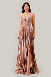 C153 HALTER PLEATED METALLIC A-LINE GOWN