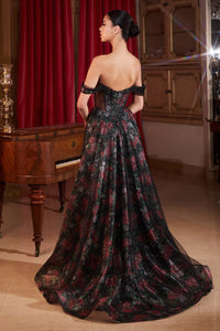 CD806 BLACK OFF THE SHOULDER BALL GOWN WITH FLORAL UNDERLAY