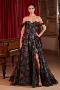 CD806 BLACK OFF THE SHOULDER BALL GOWN WITH FLORAL UNDERLAY