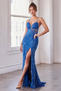 CD840 Fitted Applique Sequin Sleeveless Slit Gown
