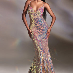 CD880 Ladivine FITTED IRRIDESCENT SEQUIN GOWN