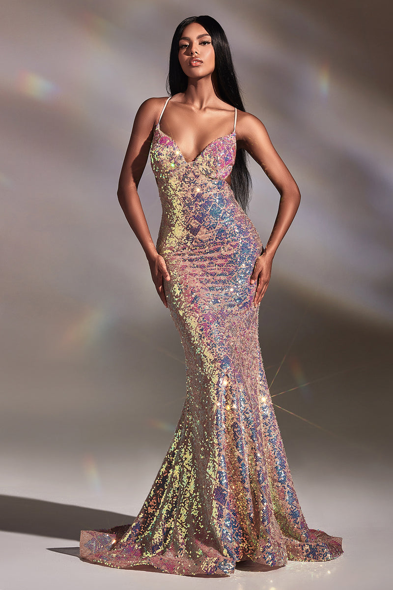 CD880 Ladivine FITTED IRRIDESCENT SEQUIN GOWN