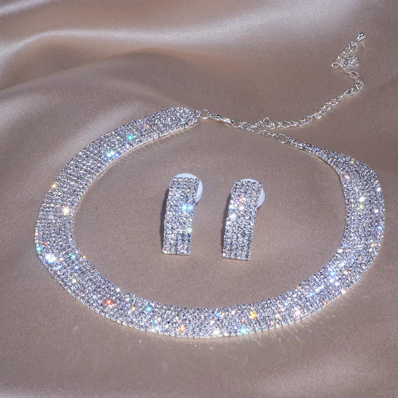 Silver crystal rhinestone choker necklace and earring set