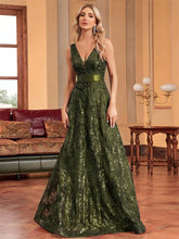 Load image into Gallery viewer, Elegant sparkling floral print A Line gown.
