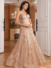 Load image into Gallery viewer, Elegant sparkling floral print A Line gown.
