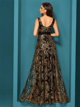 Load image into Gallery viewer, Elegant sparkling floral print A Line gown.
