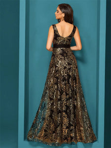 Elegant sparkling floral print A Line gown.