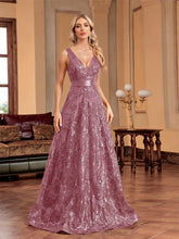 Load image into Gallery viewer, Elegant sparkling floral print A Line gown.
