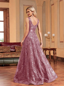 Elegant sparkling floral print A Line gown.