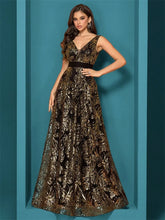 Load image into Gallery viewer, Elegant sparkling floral print A Line gown.
