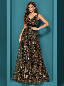 Elegant sparkling floral print A Line gown.