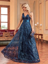 Load image into Gallery viewer, Elegant sparkling floral print A Line gown.
