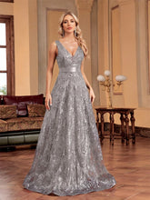 Load image into Gallery viewer, Elegant sparkling floral print A Line gown.
