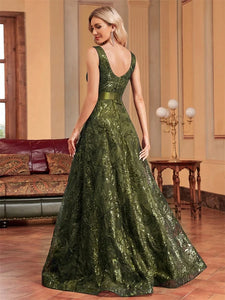 Elegant sparkling floral print A Line gown.