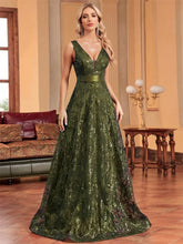 Load image into Gallery viewer, Elegant sparkling floral print A Line gown.
