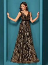 Load image into Gallery viewer, Elegant sparkling floral print A Line gown.
