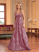 Load image into Gallery viewer, Elegant sparkling floral print A Line gown.
