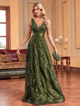 Load image into Gallery viewer, Elegant sparkling floral print A Line gown.
