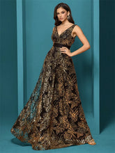 Load image into Gallery viewer, Elegant sparkling floral print A Line gown.
