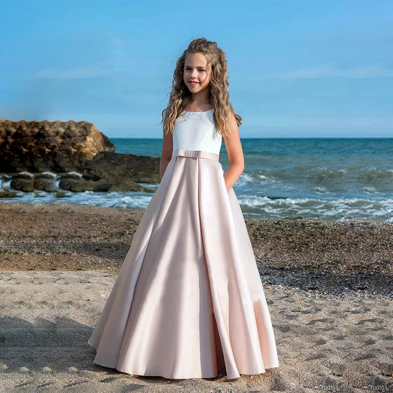 Satin A Line Flower Girls Dress With Pockets All Ivory / Child-2