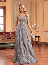 Load image into Gallery viewer, Elegant sparkling floral print A Line gown.
