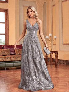 Elegant sparkling floral print A Line gown.