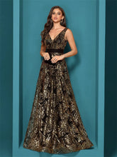 Load image into Gallery viewer, Elegant sparkling floral print A Line gown.
